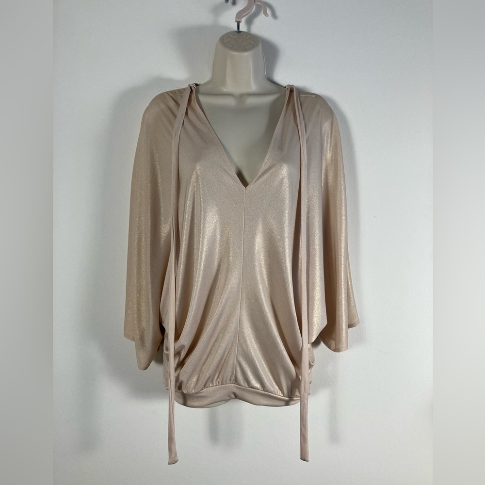 Julian Chang Tunic Top XL Champagne Shimmer Dolman Sleeve Tie Neck